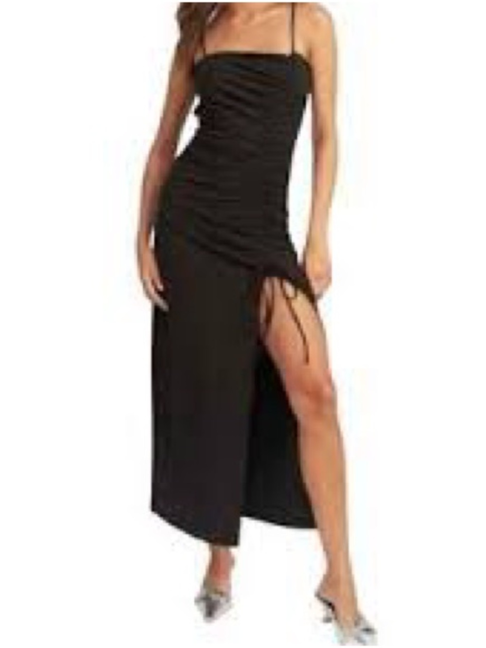 Good American Black Ruched High-Low Maxi Dress with Slit